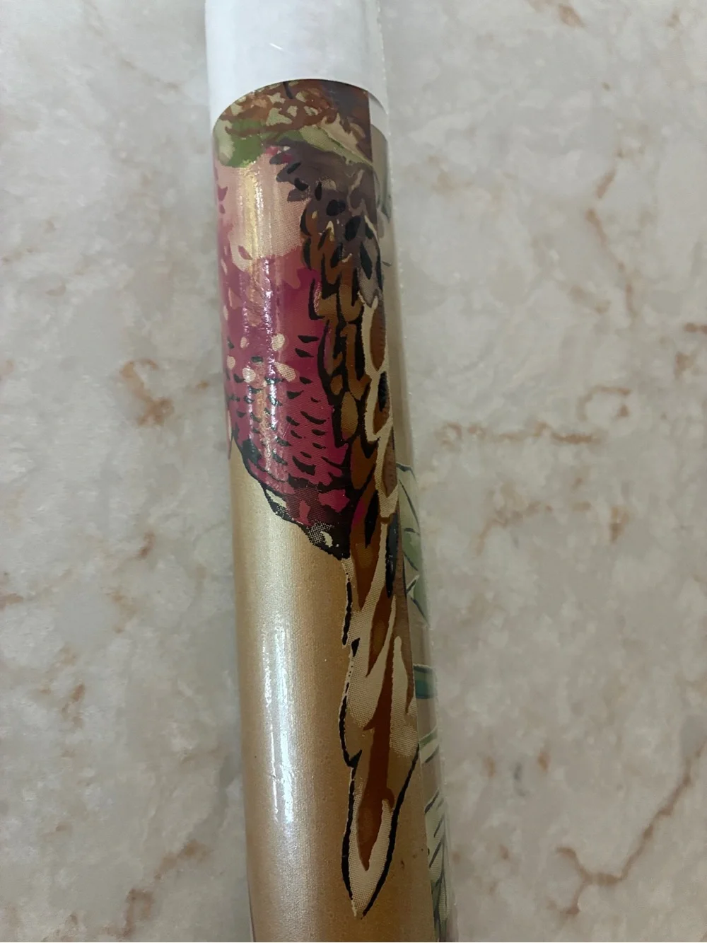 Gold Floral Wallpaper Roll with Green Stem Accents